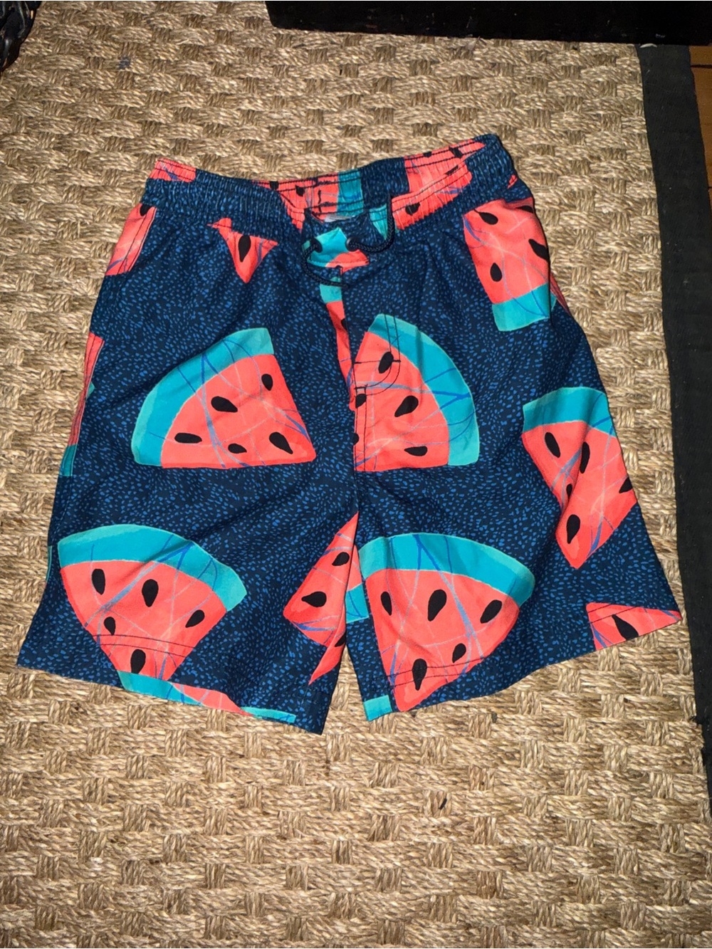 Boys Watermelon Print Swim Trunks - Navy & Coral